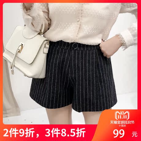 采多宝大码女装2018胖妹妹冬装新款韩版条纹毛呢阔腿裤短裤K0068商品大图