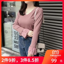 采多宝大码女装2018胖妹妹冬装新款韩版镂空花边拼接针织T恤Z0138图片