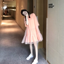 2019甜美连衣裙学生T恤裙子 网纱裙女夏季新款 chic拼接短袖 韩版