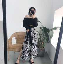 上衣绑带斜肩T 套装 复古花纹高腰开叉阔腿裤 女夏打底短款 港味新款