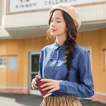茵曼旗舰店2018秋装新款纯棉翻领绣花长袖牛仔衬衣衬衫女百搭上衣图片