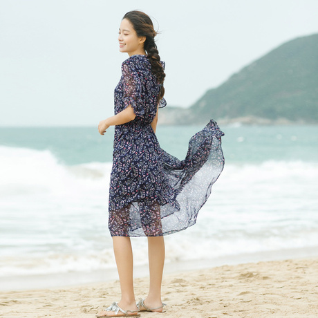 茵曼旗舰店女装裙子2018夏装新款雪纺V领碎花高腰显瘦A字连衣裙女商品大图