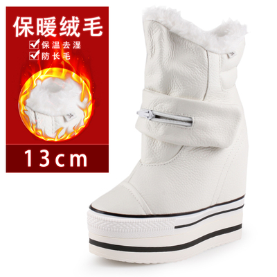 新品内增高短靴女13cm坡跟单靴头层牛皮厚底雪地靴短筒加绒松糕鞋