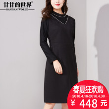 加绒长袖黑色连衣裙甘甘的世界春装新品立领修身开叉大码连衣裙女图片