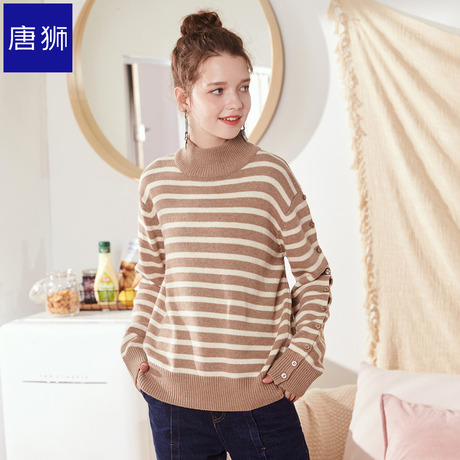 唐狮旗舰店冬毛衣女半高领条纹线衣小清新甜美套头韩版上衣商品大图