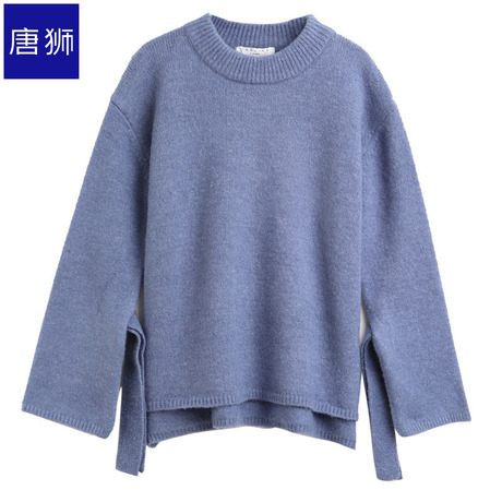 唐狮旗舰店2018冬装新款毛衣女圆领袖子绑带宽松毛衫净色线衫商品大图