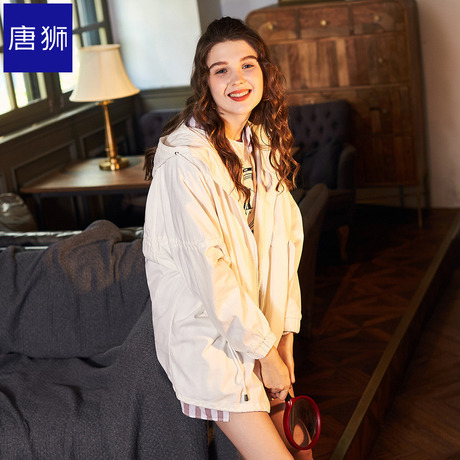 唐狮旗舰店2018秋装新款外套女韩版休闲中长款抽绳连帽风衣商品大图