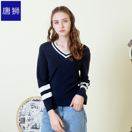 唐狮旗舰店2018秋装新款毛衣女韩版V领撞色线衫针织袖口微喇商品大图