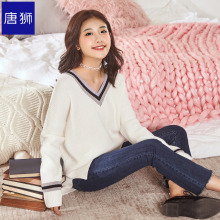 唐狮旗舰店2018冬装新款毛衣女v领长袖套头撞色罗口毛衫学生图片