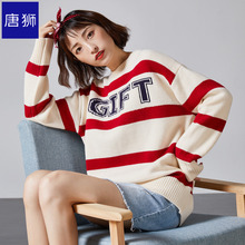 唐狮旗舰店2018冬装新款毛衣女学生套头字母条纹线衣宽松毛衫图片