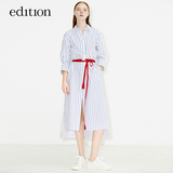 edition条纹衬衫裙夏宽松撞色织带收腰七分袖EA182DRS102 moco