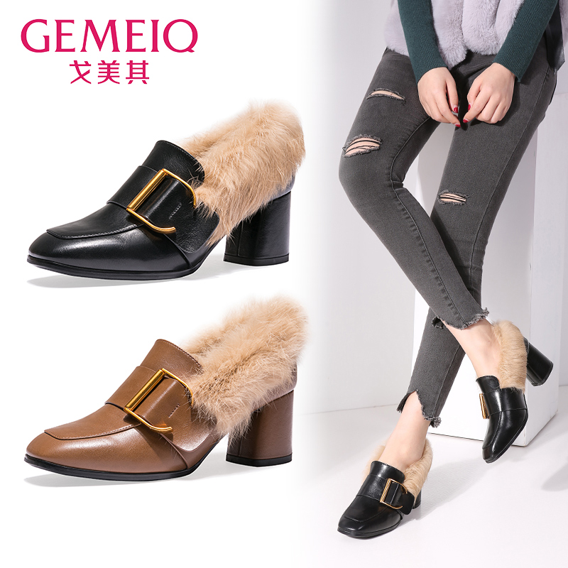 GOMEQI 2018 Spring Women's Shoes New Rabbit Hair Shoes British Style Square Head Single Shoes Female Student Retro High Heels