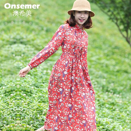亚麻小碎花长裙初秋新款女装长袖棉麻连衣裙中长款韩版立领打底裙商品大图