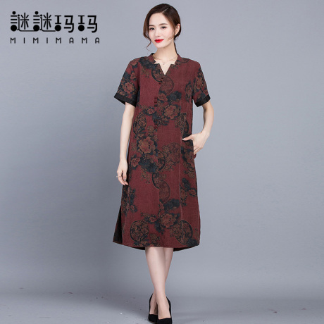 谜谜玛玛中老年女装夏真丝连衣裙中长款宽松短袖香云纱杭州桑蚕丝商品大图
