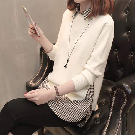 初秋女装外套女韩版2018新款假两件上衣女马甲毛衣衬衣两件套女商品大图