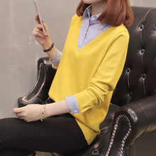 初秋女装新款2018韩版潮衣假两件秋天上衣女马甲毛衣衬衣两件套女图片