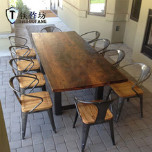 美式餐桌椅组合4 6 8人长方形实木长桌多功能饭店铁艺咖啡厅桌椅