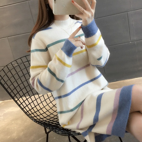 2018秋冬季新款韩版宽松中长款条纹毛衣女装半高领针织毛衣裙套头商品大图