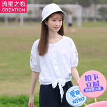 少女韩版休闲纯色衬衫系带2018夏季新款初中生夏装学生T恤上衣潮图片