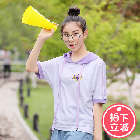 西子小荷连帽短袖t恤女2018夏新款宽松韩版学生百搭少女半袖上衣商品大图