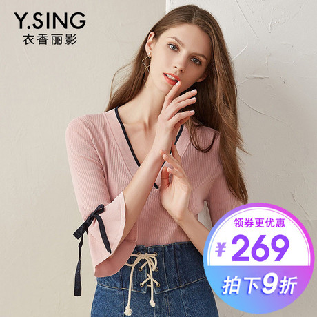 针织衫女V领衣香丽影2018秋装新款韩版宽松套头七分袖系带上衣商品大图