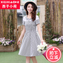 西子小荷2018春款连衣裙少女夏装新款高中学生短袖收腰格子裙子女图片