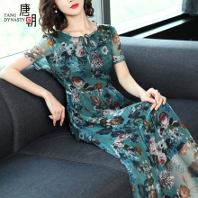 唐朝重磅真丝连衣裙短袖2019新款夏季大牌欧美女装碎花桑蚕丝长裙图片
