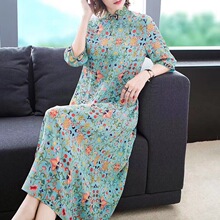 唐朝复古立领真丝连衣裙2019春夏新款中国风印花桑蚕丝过膝长裙女图片