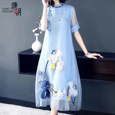 唐朝2019春装新款欧州站欧根纱刺绣重磅过膝真丝连衣裙女短袖长裙商品大图