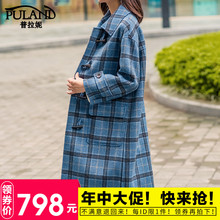 普拉妮落肩袖气质格子羊毛双面呢外套2018秋冬新款女装毛呢大衣女图片