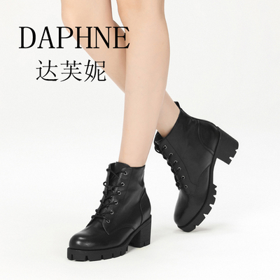 Daphne/达芙妮休闲牛皮系带方跟大头皮鞋酷潮女靴1016605057