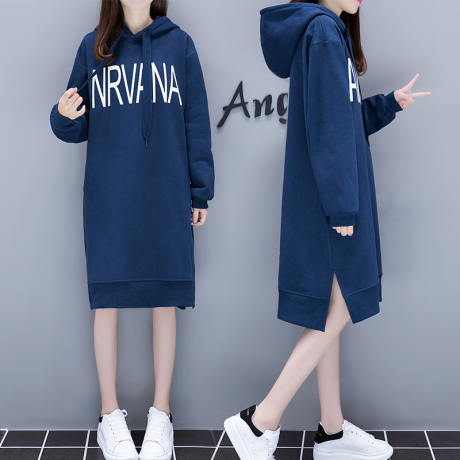 中长款加绒加厚卫衣女连帽2018新款秋冬女装韩版过膝卫衣连衣裙潮商品大图