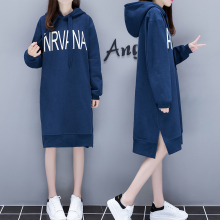 中长款加绒加厚卫衣女连帽2018新款秋冬女装韩版过膝卫衣连衣裙潮图片