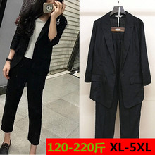 2019新款大码女装时尚休闲西服套装胖妹妹小脚裤职业装西装两件套