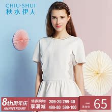 秋水伊人2018夏装新款上衣女短袖荷叶边下摆修身圆领短袖T恤E073图片
