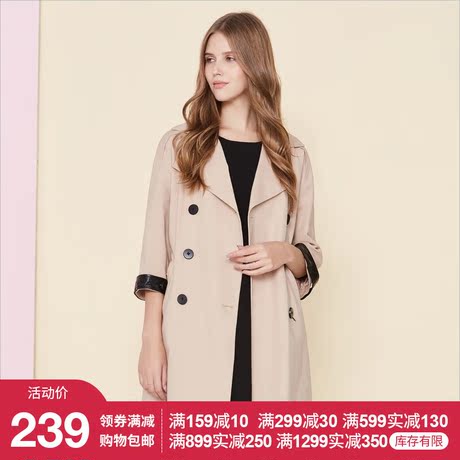秋水伊人2018春装新品女装西装领宽松腰带拼接纽扣风衣外套女J089商品大图
