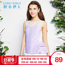 秋水伊人夏 女装欧根纱拼接荷叶边无袖修身圆领无袖上衣H040图片