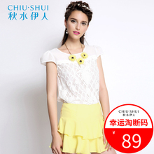 秋水伊人2018夏女时尚格子纯色圆领雪纺短袖套头上衣H477图片