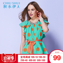 秋水伊人2018夏装女装时尚圆点修身淑女圆领荷叶袖雪纺上衣H663图片