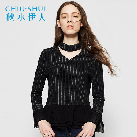秋水伊人冬装新品女装修身雪纺风琴褶拼接喇叭袖条纹T恤K065商品大图