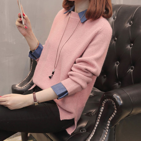 早秋女装新款2018毛衣衬衣假两件套初秋女上衣韩版针织衫女长袖秋商品大图
