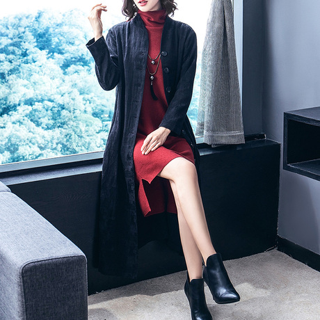 多瓦秋款外套女2018新款女装V领单排扣长款女士风衣过膝外衣04259商品大图