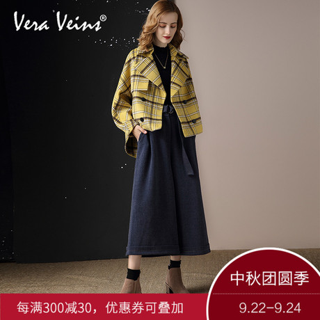 2018秋冬季新款女装复古bf风格子羊毛短款外套西装领茧型呢子大衣商品大图