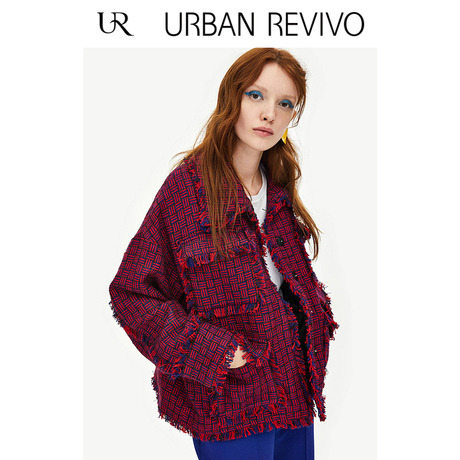 UR2018秋冬新品青春女装都市通勤风格纹流苏中长外套YV41S1LN2000商品大图