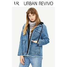 UR2018秋冬新品女装简约帽领扣带撞色拼接牛仔外套WG41SBJN2000图片