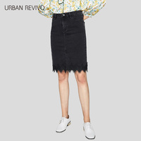 UR2018春夏新品女装修身拼接蕾丝开叉丹宁牛仔半身裙WG11SBLN2000