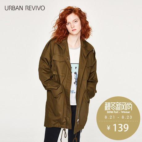 UR2017秋季新品青春女装翻领绑带时尚休闲中长外套YV03S1LN2001商品大图