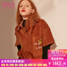 妖精的口袋旗舰店2018秋装新款宽松木耳边翻领灯芯绒短袖T恤女图片