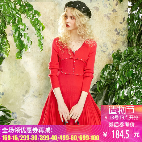 妖精的口袋Y西瓜马车2018秋季新款V领铆钉收腰长袖连衣裙短裙女商品大图