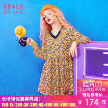 妖精的口袋Y法国小云雀秋季女2018新款V领拼接丝绒印花连衣裙图片
